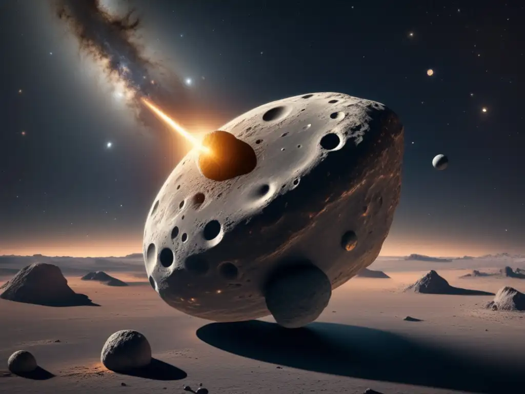 Imagen detallada en 8k de un espacio estrellado con un asteroide de órbita hiperbólica