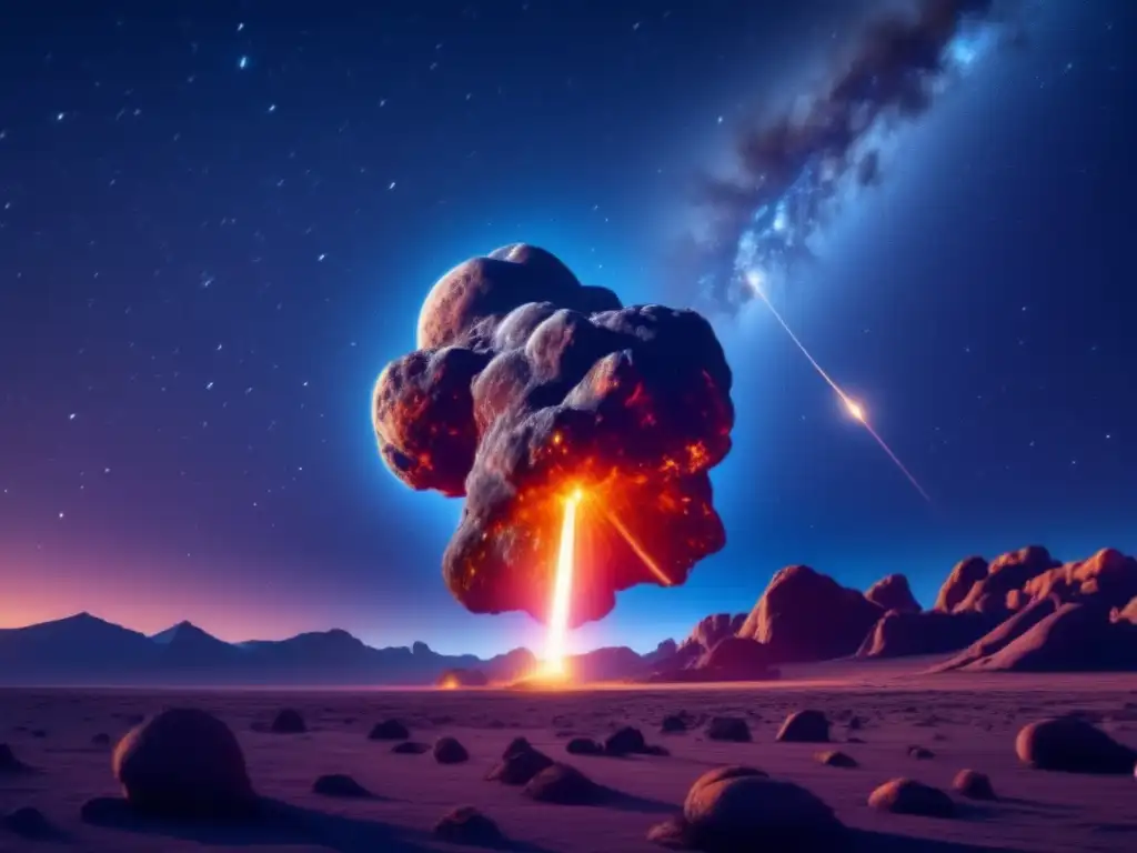 Imagen detallada de noche estrellada con asteroide y efecto Yarkovsky en trayectoria de asteroides