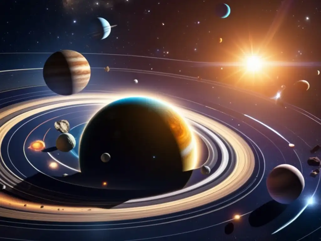 Imagen detallada sistema solar: sol, planetas y colisiones entre asteroides