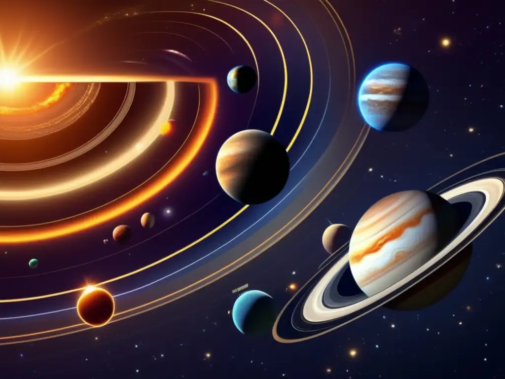 Imagen detallada del sistema solar, con el Sol en el centro y los planetas en órbita