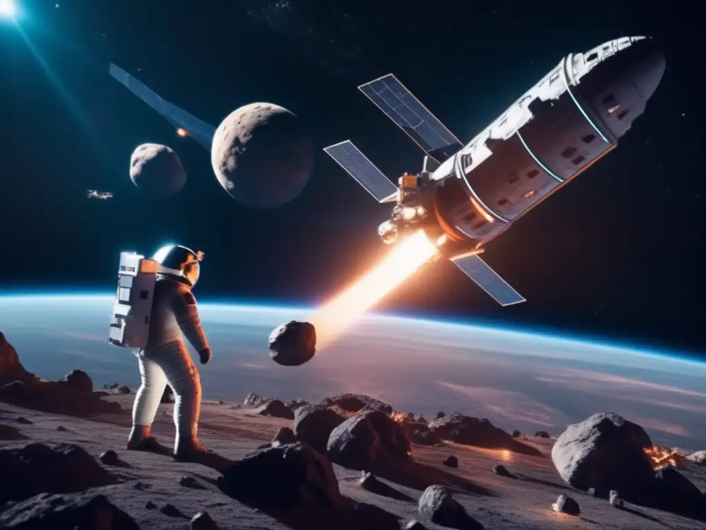 Imagen: Explotación espacial de asteroides en una estación espacial iluminada con astronautas minando minerales preciosos en el asteroide
