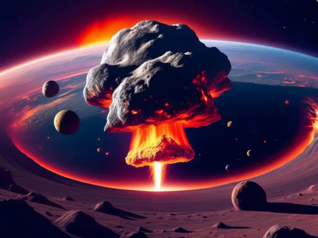 Imagen: Exploración espacial asteroides, vista impresionante del espacio con la Tierra y un asteroide en colisión