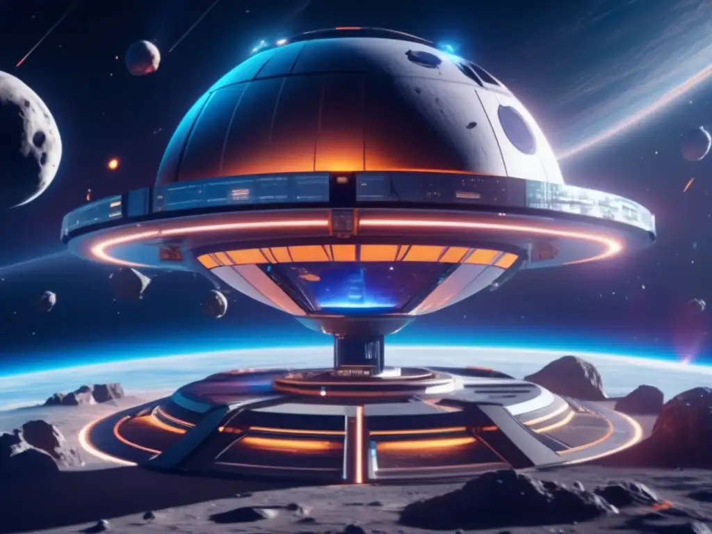 Imagen: Estación espacial futurista orbitando asteroide con nave espaciales y rica en minerales
