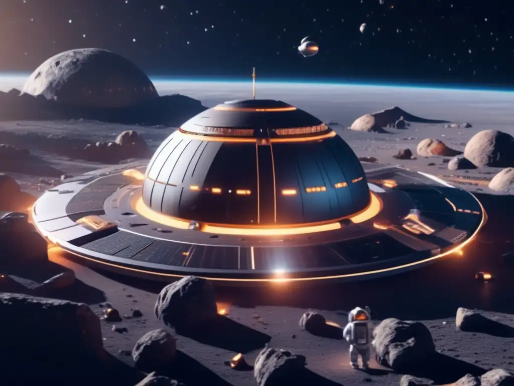 Imagen: Estación espacial futurista en órbita de asteroide, exploración y explotación de asteroides