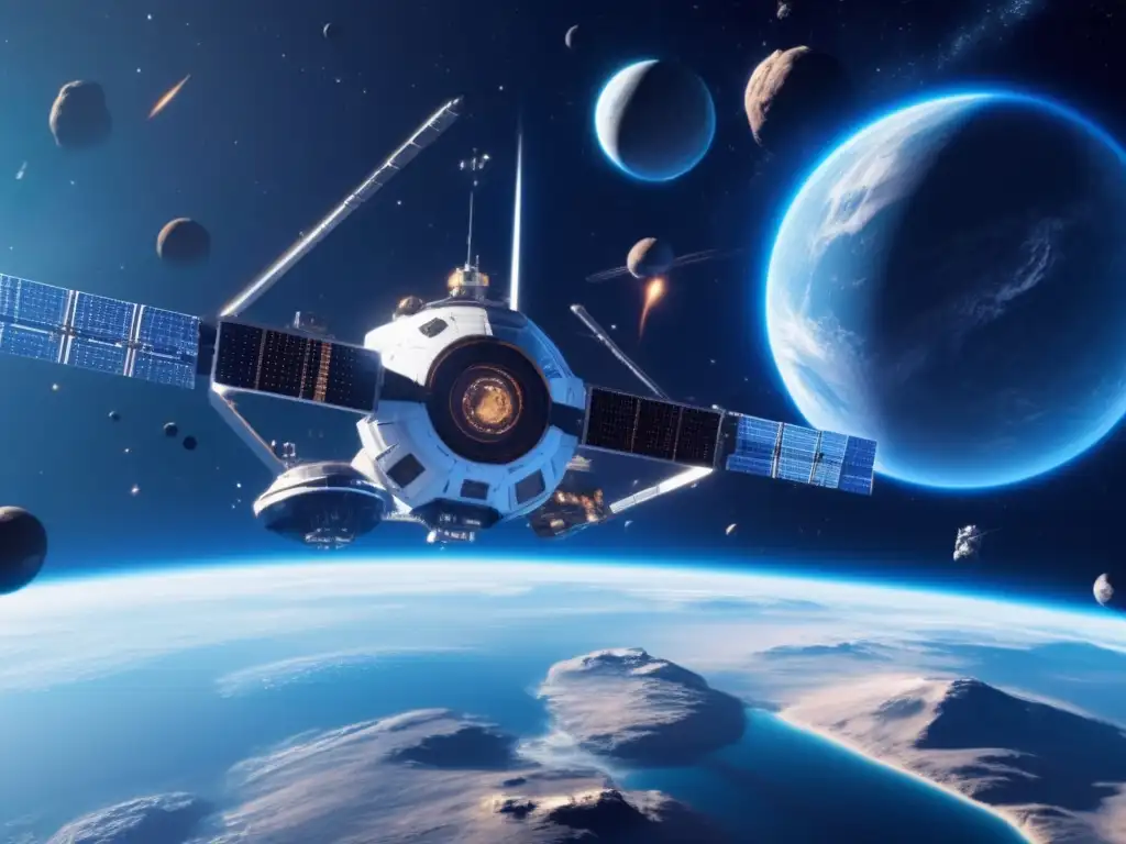 Imagen: Estación espacial futurista orbitando planeta azul, defensa planetaria asteroides