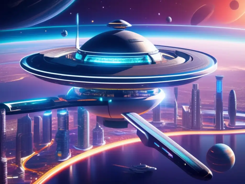 Imagen: Estación espacial futurista orbitando planeta, arquitectura metálica, tecnología avanzada, campo de fuerza, planetaria ESA