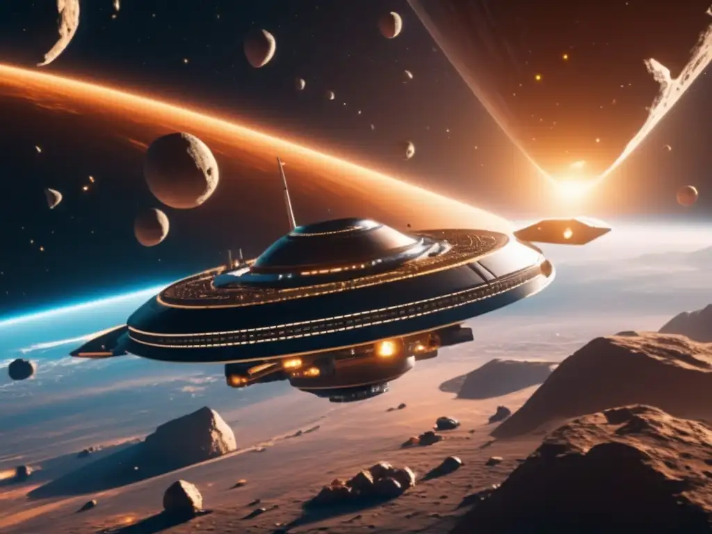 Imagen: Estación espacial futurista rodeada de asteroides, simbolizando recursos solares para futuro sostenible