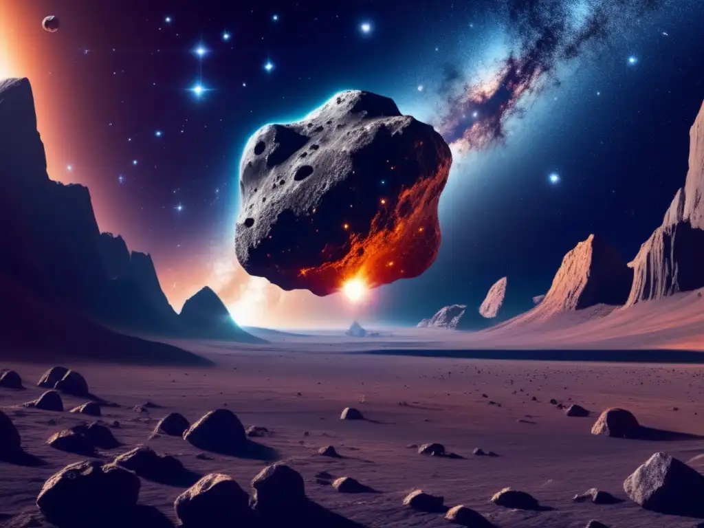 Imagen: Espacio estrellado con asteroide y nave de IA para asteroides