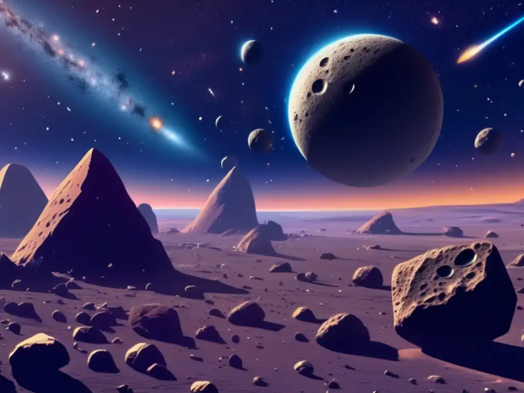 Imagen: Espacio repleto de asteroides, nave futurista e importancia de supervivencia humana en refugios cósmicos