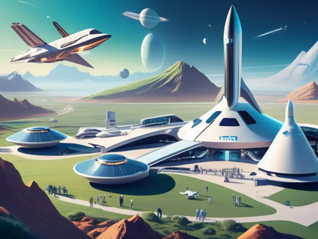 Una imagen del espacioporto internacional con naves espaciales futuristas en una paisaje verde rodeado de montañas