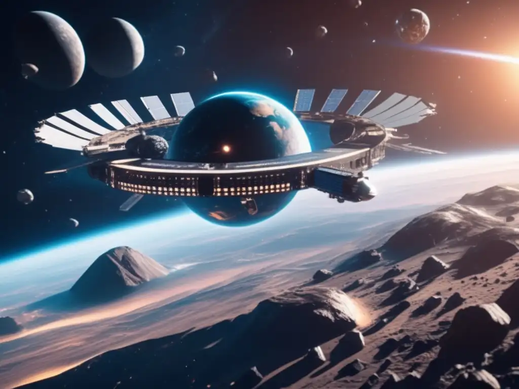Imagen de una estación espacial futurista orbitando la Tierra, rodeada de asteroides