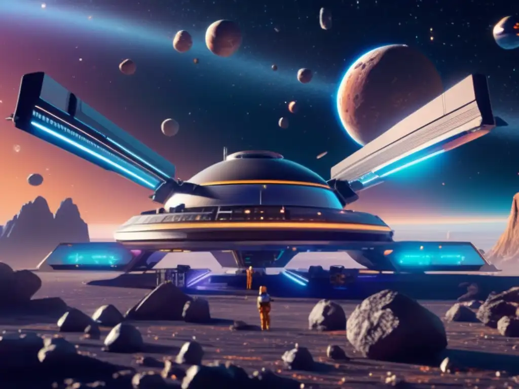 Imagen 8k de una estación espacial futurista rodeada de un campo de asteroides vibrante, destacando la idea de comunidades espaciales igualitarias