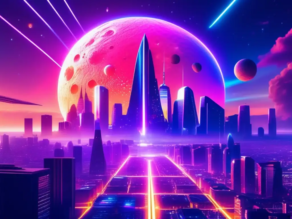 Imagen futurista de ciudad con rascacielos iluminados por luces neón y un asteroide amenazante