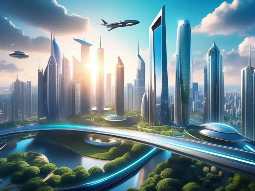 Imagen: Futurista ciudad con rascacielos, vehículos voladores y científicos entusiasmados - Inversión en defensa planetaria