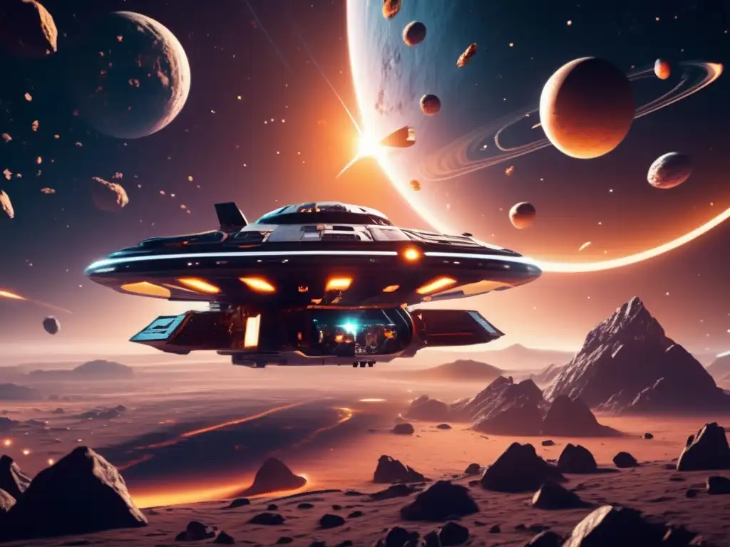 Imagen futurista de un videojuego en el espacio con una nave espacial y asteroides, evocando exploración de asteroides en videojuegos