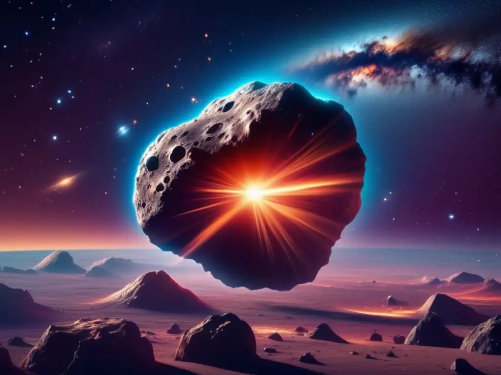 Imagen impactante de asteroide 8k en el cosmos, con colores vibrantes y tamaño asombroso