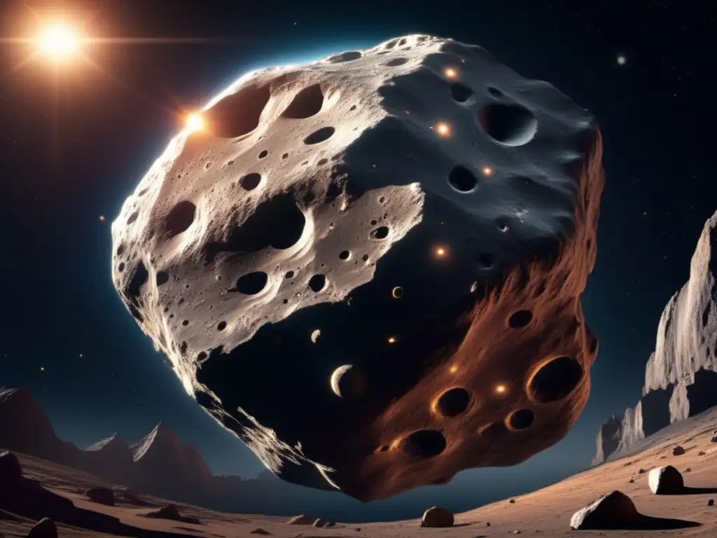 Imagen impactante de asteroide en el espacio, con terreno rocoso y cráteres profundos