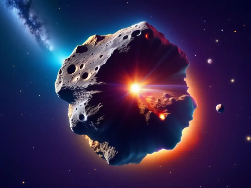 Imagen impactante de asteroide en el espacio, resaltando su superficie rocosa y texturizada