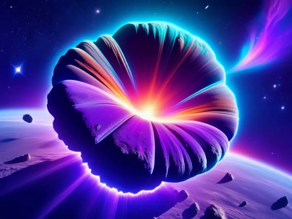 Imagen impactante de asteroide en el espacio, rodeado de nebulosa púrpura y azul