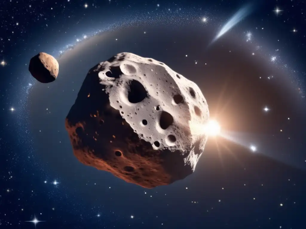Imagen impactante de un asteroide en el espacio, con estrellas, galaxias y composición orgánica asteroides exploración