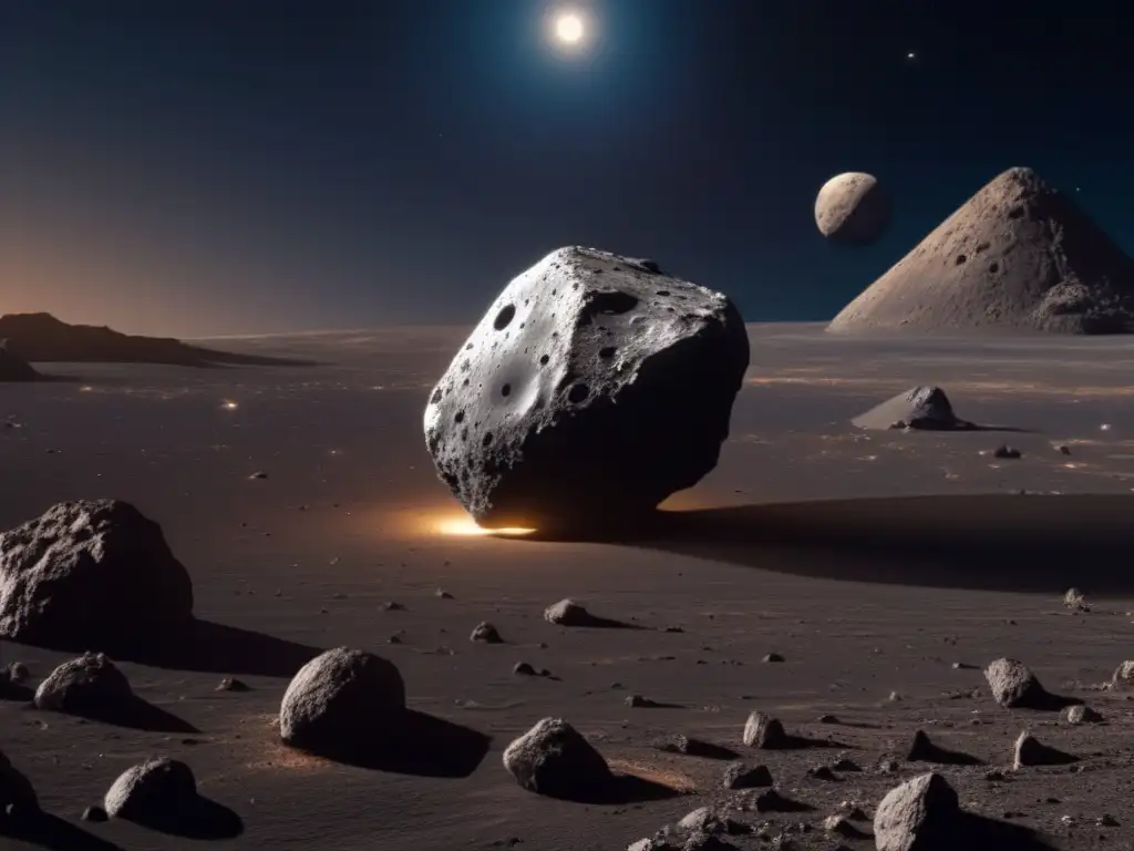 Imagen impactante 8k de asteroide Bennu en el espacio: superficie rugosa, brazo robótico OsirisREx, búsqueda origen vida