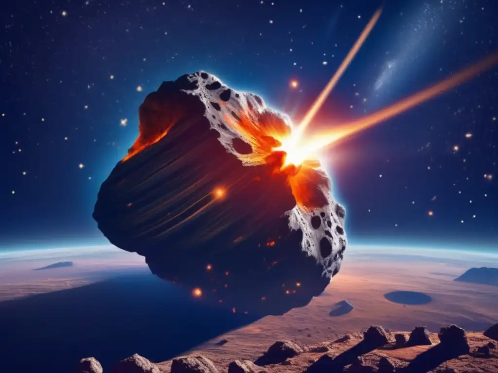 Imagen impactante: asteroide gigante hacia la Tierra, cielo azul con estrellas, halo de fuego, ciudades destruidas
