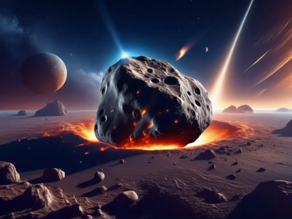 Imagen impactante de un asteroide gigante dirigido hacia la Tierra, mostrando su superficie rugosa y llena de cráteres