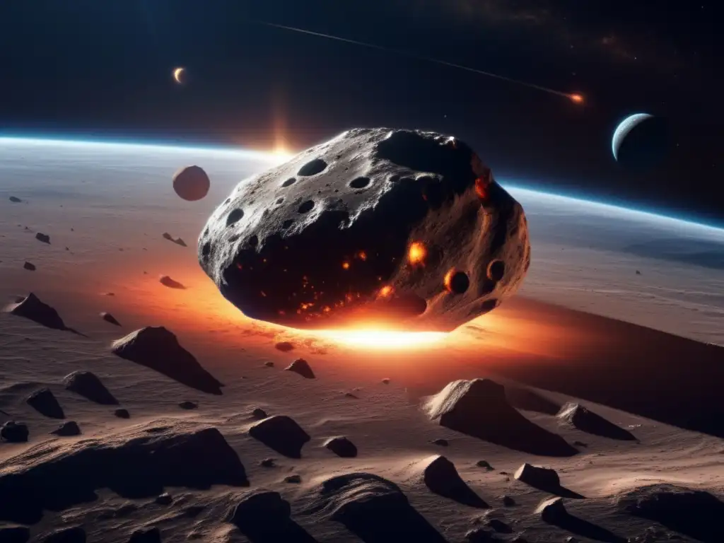 Imagen impactante: Asteroide gigante acercándose a la Tierra, mostrando su superficie rugosa y marcada