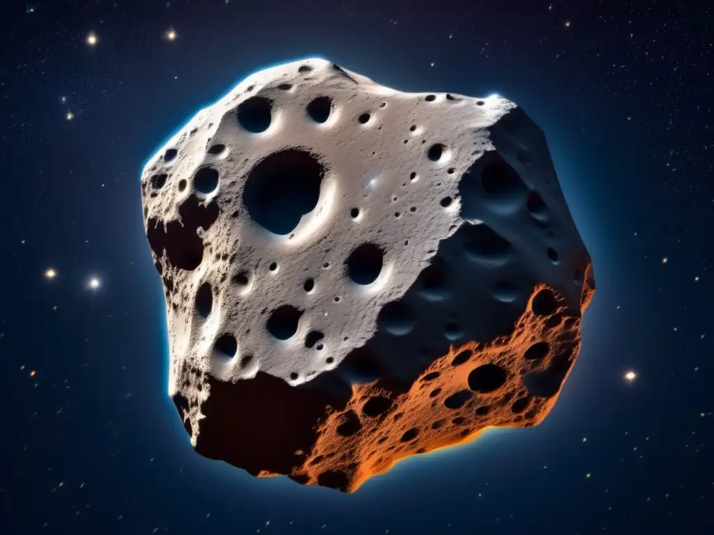 Imagen impactante de asteroide irregular en espacio, con detalles intrincados en su superficie