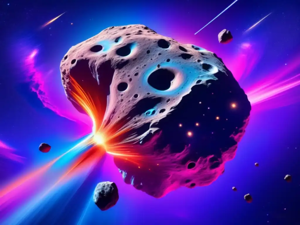 Imagen impactante de un asteroide masivo en el espacio rodeado de una nebulosa, con detalles intrincados en su superficie rocosa