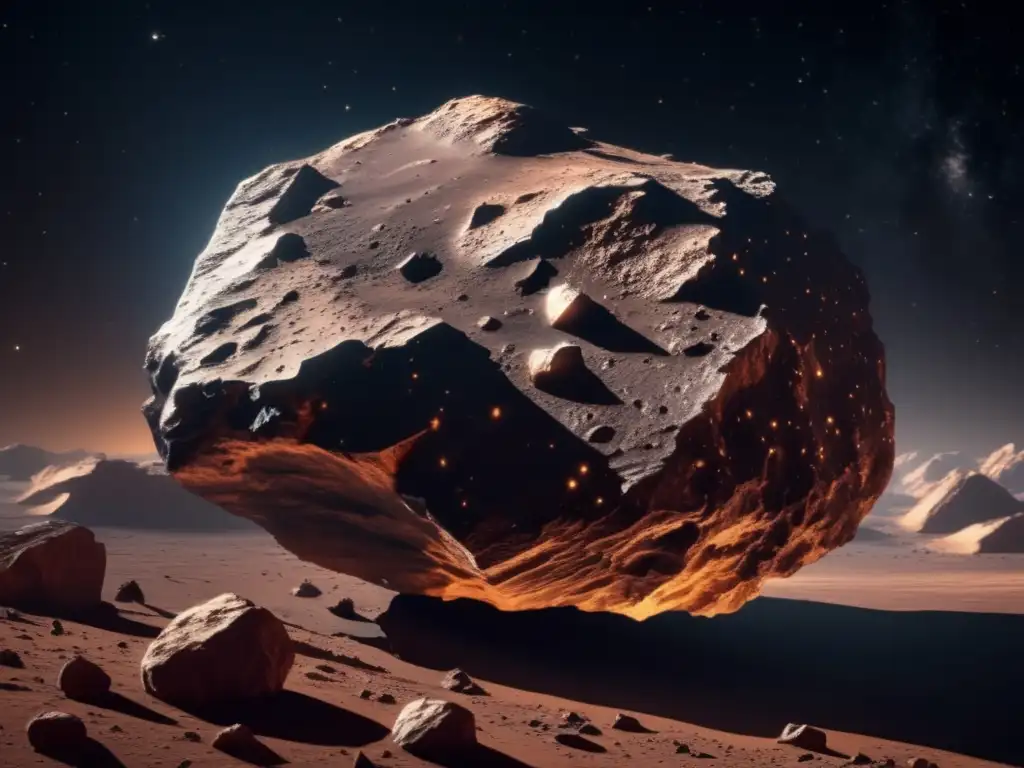 Imagen impactante de asteroide rocoso en el espacio, con textura intricada y sombras detalladas