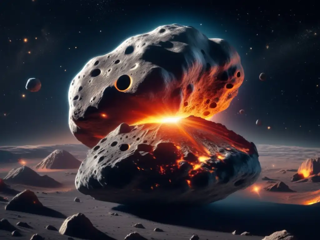 Imagen impactante de asteroide 8k ultradetallada en el espacio, con terreno rugoso iluminado por estrellas