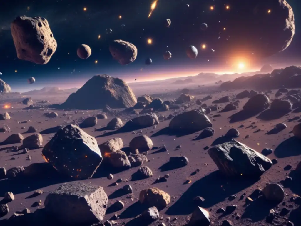 Imagen impactante de campo de asteroides en el espacio profundo, con variedad de tamaños, formas y colores