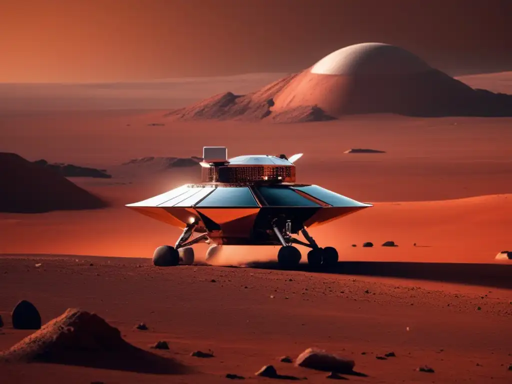 Imagen impactante de la misión MMX en Marte, con nave espacial futurista y exploración de asteroides para obtener muestras