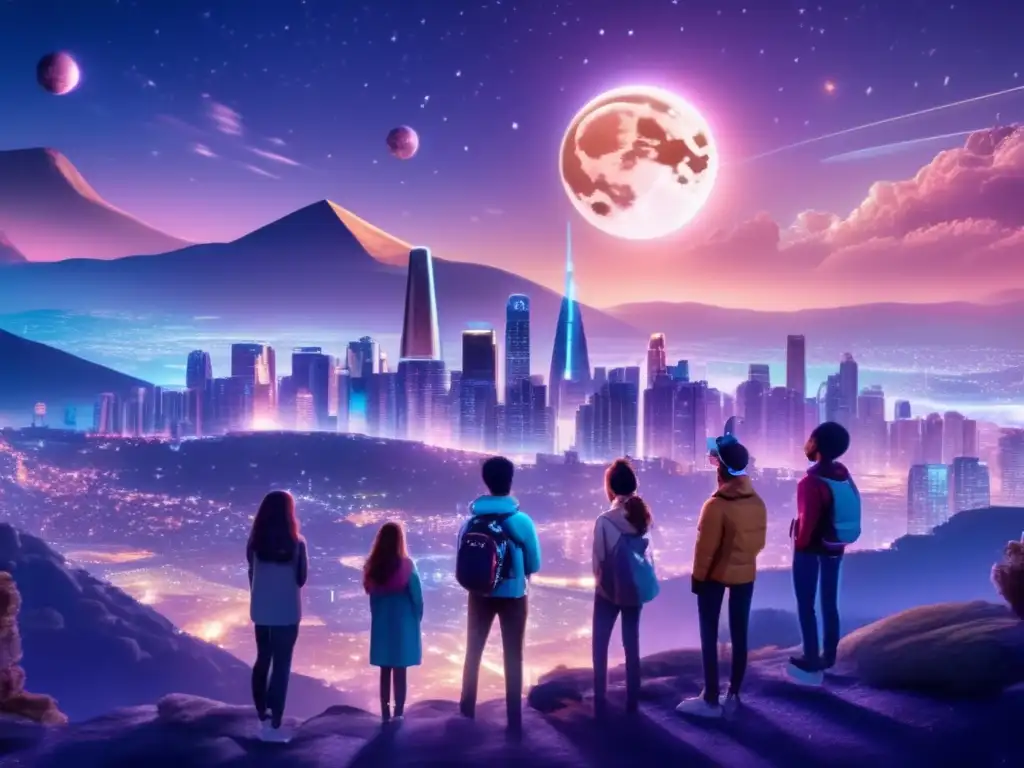 Imagen impactante de realidad aumentada visualizando asteroides en la noche estrellada con luna llena