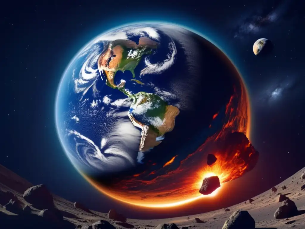 Imagen impactante de la Tierra desde el espacio, con un asteroide masivo acercándose