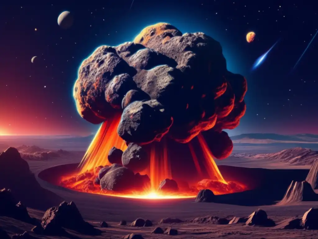 Imagen: Impacto asteroides ciencia ficción - Asteroide masivo acercándose a la Tierra, con superficie rocosa y cráteres profundos