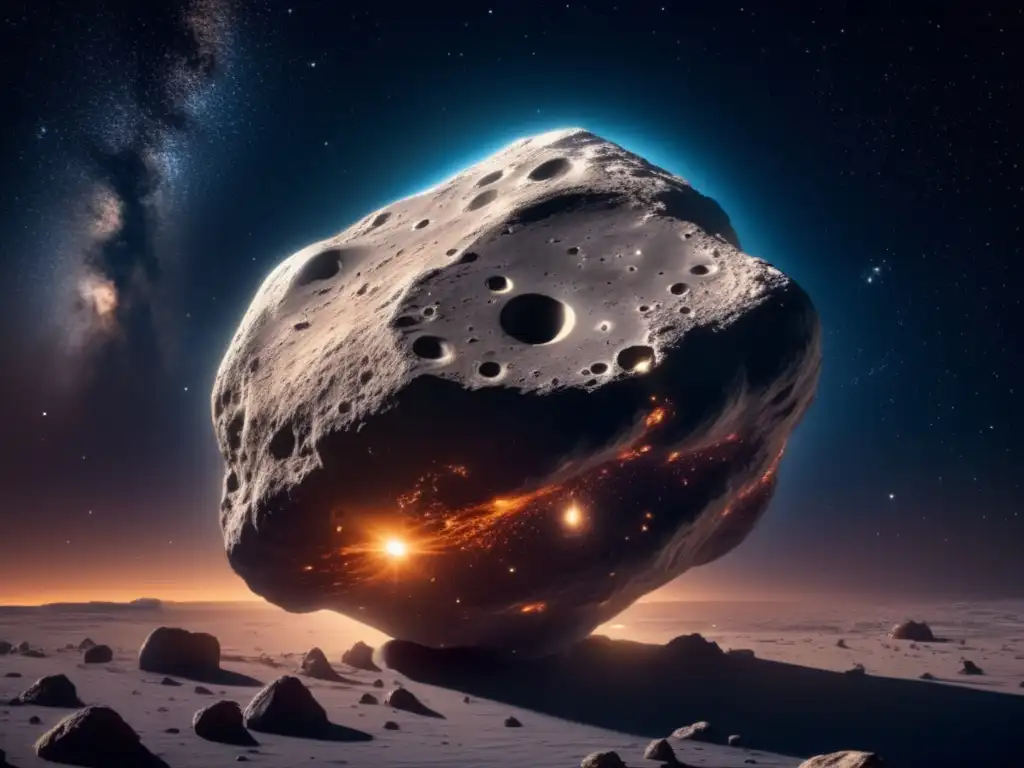 Imagen impresionante: asteroide flotando en el espacio rodeado de polvo estelar, con cráteres revelando su historia violenta