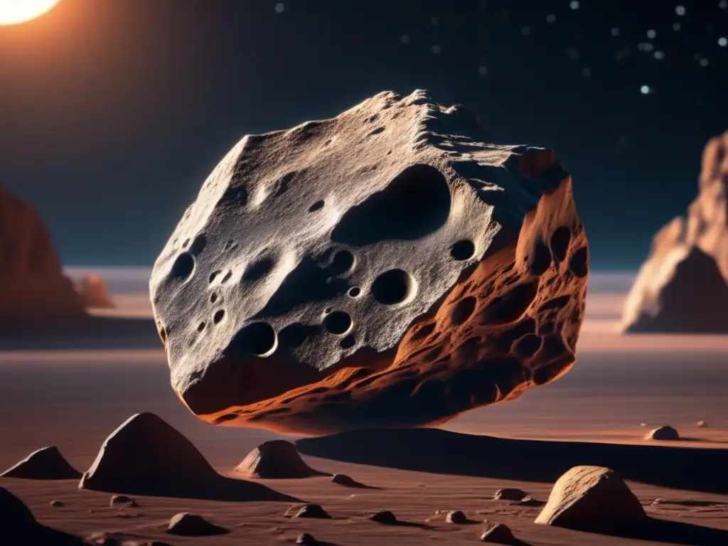 Imagen impresionante de un asteroide rocoso flotando en el espacio, con textura detallada y aspecto de fósil (#FósilesAsteroidesTipoD)