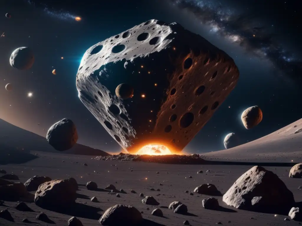 Imagen impresionante 8k de asteroides en el espacio, nave espacial exploradora en primer plano - Series ciencia ficción asteroides