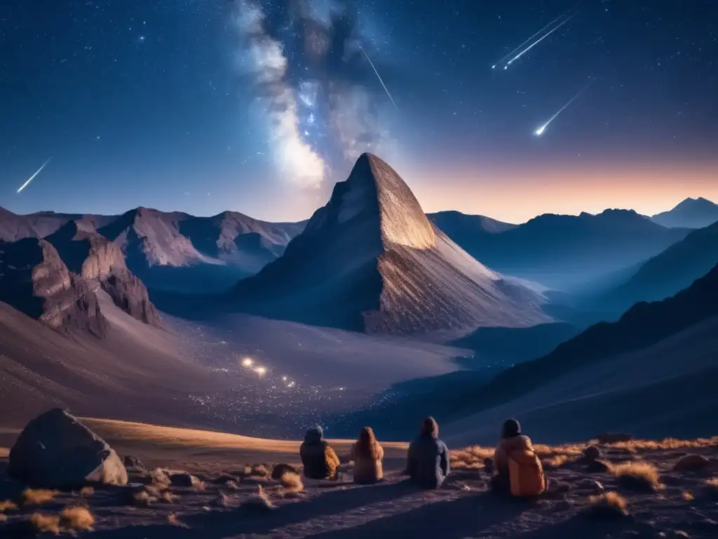 Imagen impresionante 8k con cielo estrellado, montañas y astrónomos aficionados descubriendo asteroides