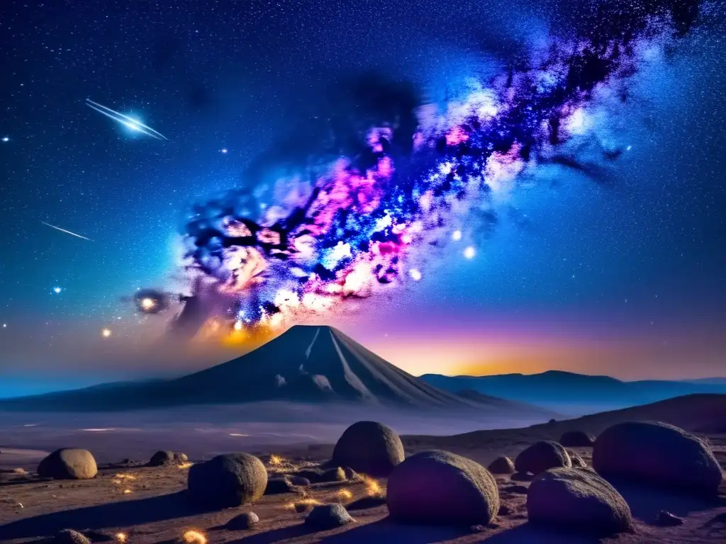 Imagen impresionante del cielo estrellado con la Vía Láctea y un asteroide, evoca la diferencia entre meteoroides, meteoritos y asteroides
