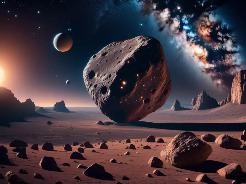 Imagen impresionante de espacio, con asteroide gigante y galaxias distantes