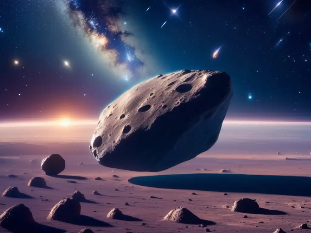 Imagen impresionante de espacio exterior con asteroide glistening y potencial minero de asteroides menores