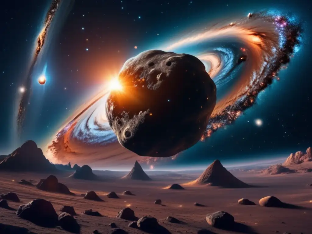 Imagen impresionante de galaxia espiral en el espacio, con asteroide y exploración de asteroides y cometas