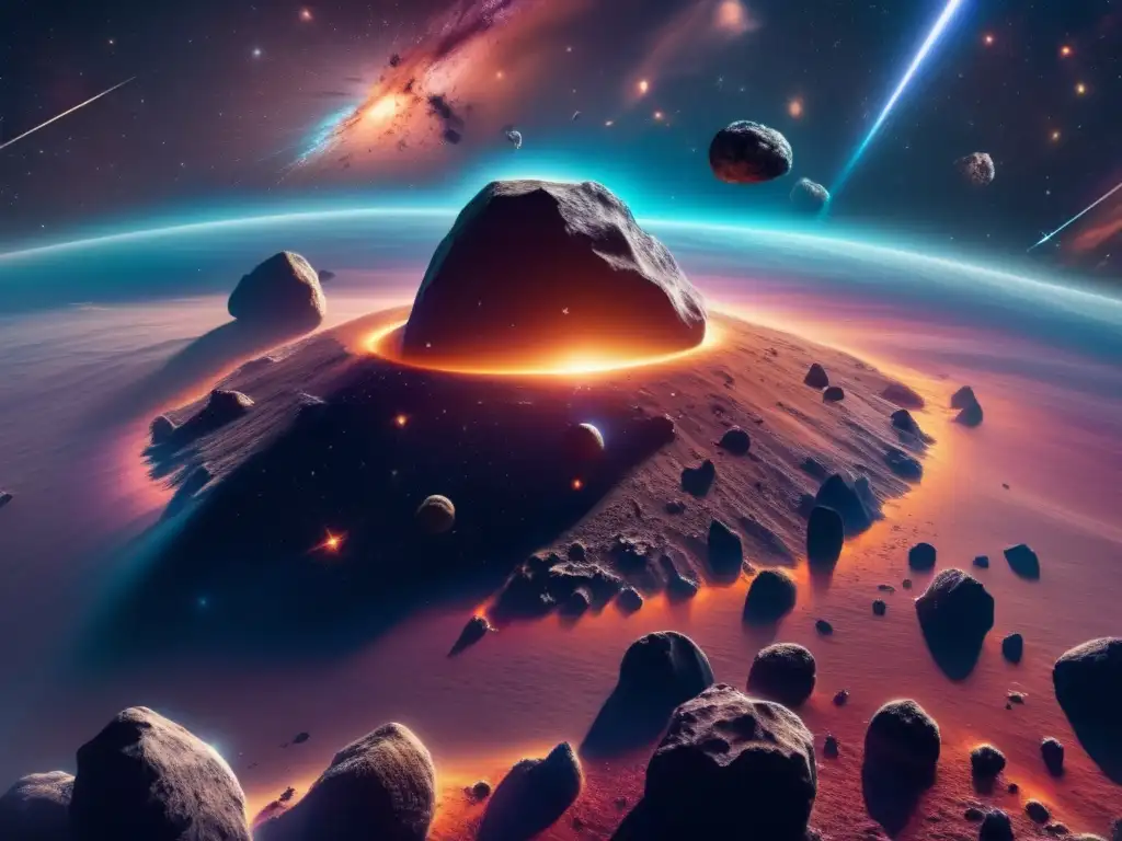 Imagen: Marco Legal Minería Espacial Responsable - Expanse espacial con asteroides y nebulosa vibrante