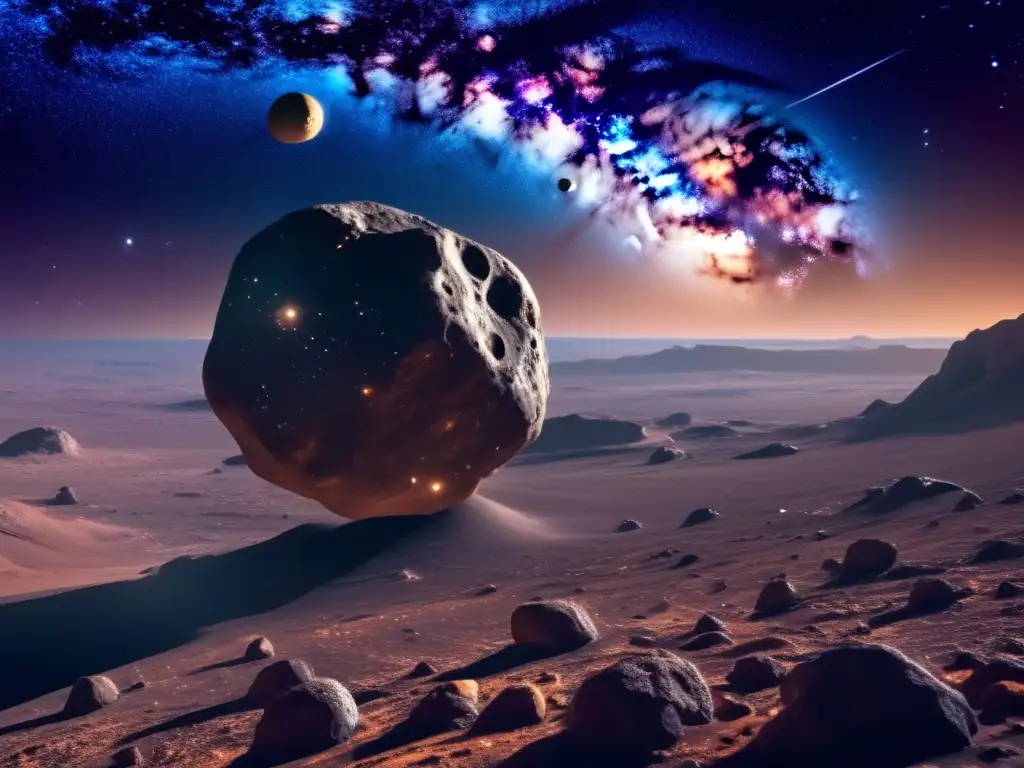 Imagen de minería de asteroides en el espacio, con una base futurista y detalles de la superficie del asteroide