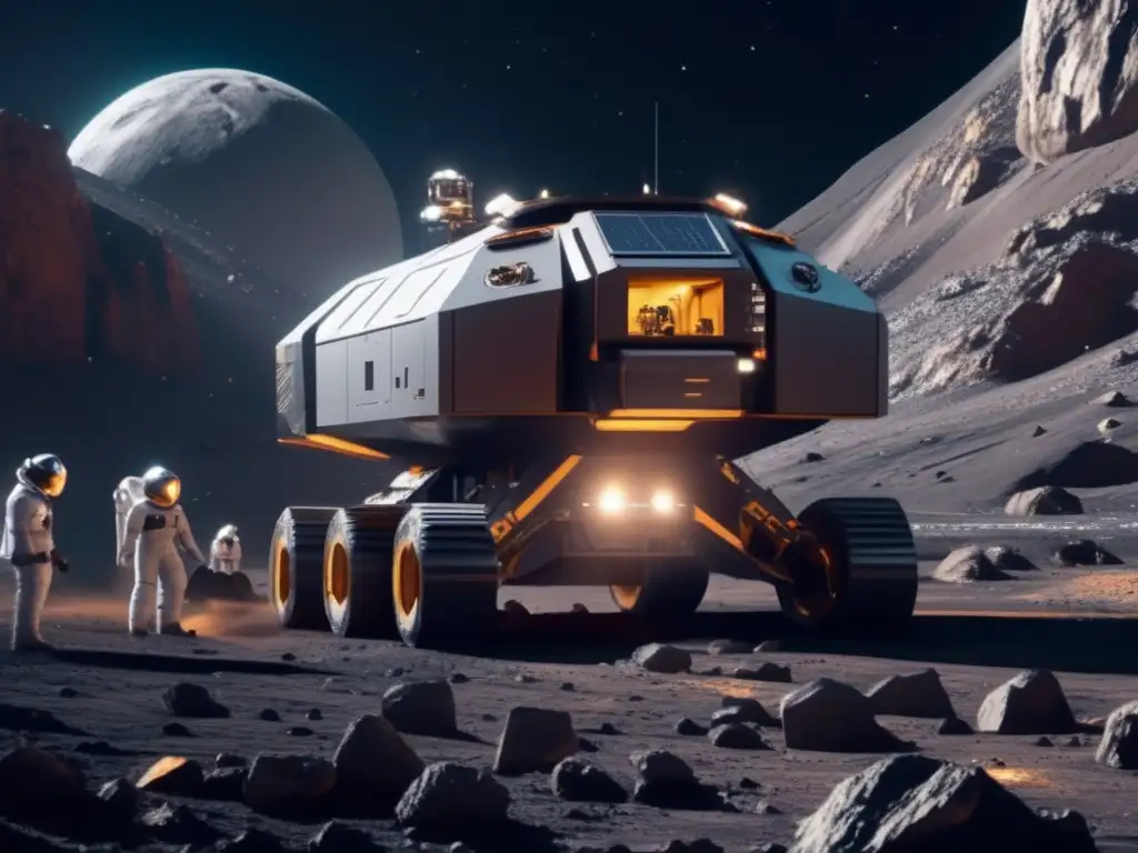 Imagen de minería de asteroides y geopolítica: Operación futurista de extracción de minerales en un asteroide, con naves espaciales equipadas con brazos robóticos y equipo de perforación