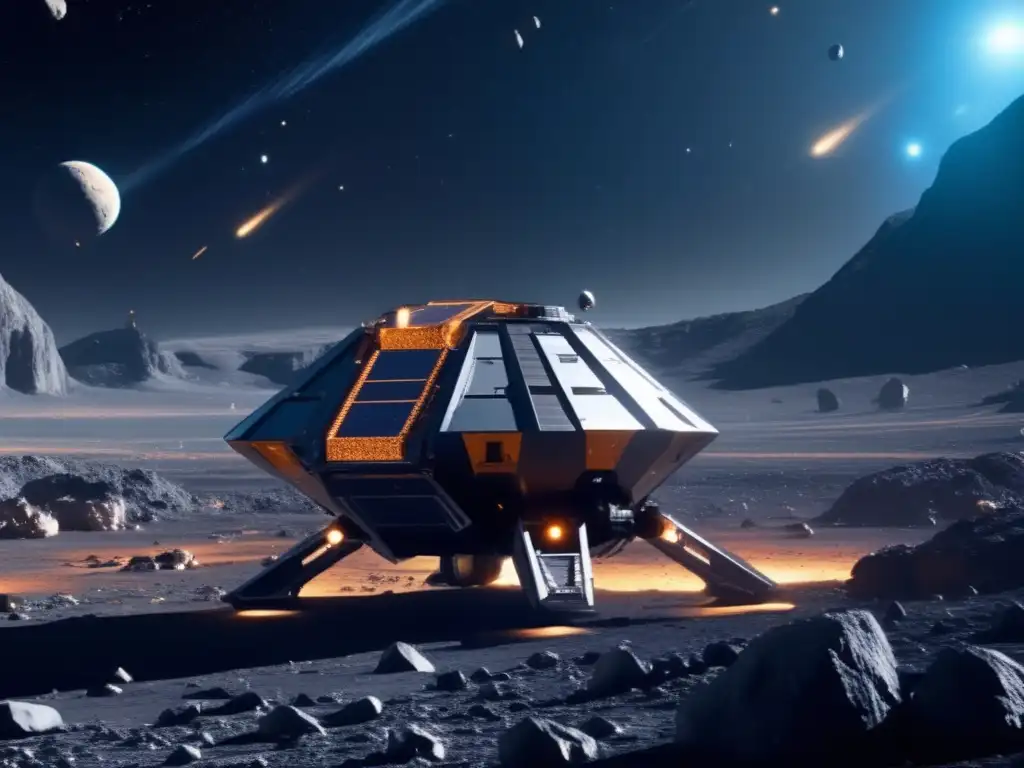 Imagen: Operación de minería espacial futurista en campo de asteroides, destacando la tecnología avanzada, la sostenibilidad y el marco legal