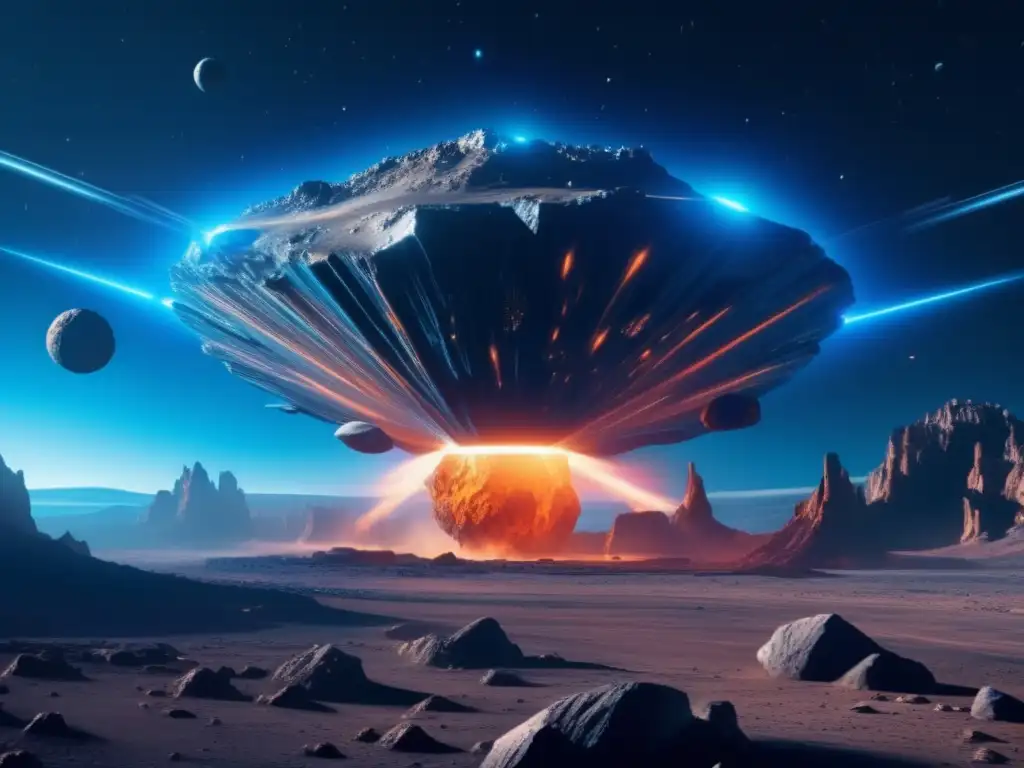 Imagen de una nave futurista sobre un asteroide rugoso, con motores de plasma y paisaje espacial impresionante